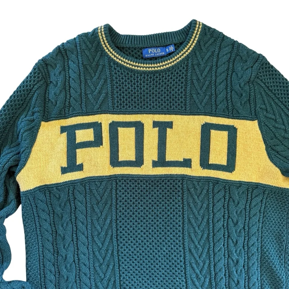 Polo Ralph Lauren Logo Aran Jumper Cotton Striped Sweater Men’s XL Quiet Luxury